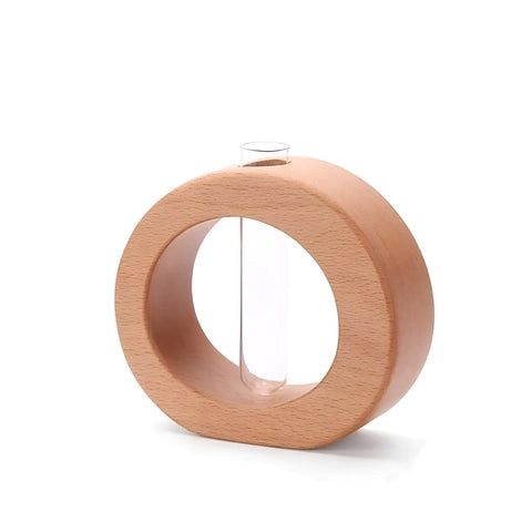 Soliflore Rond en Bois avec Tube en Verre et Bois.