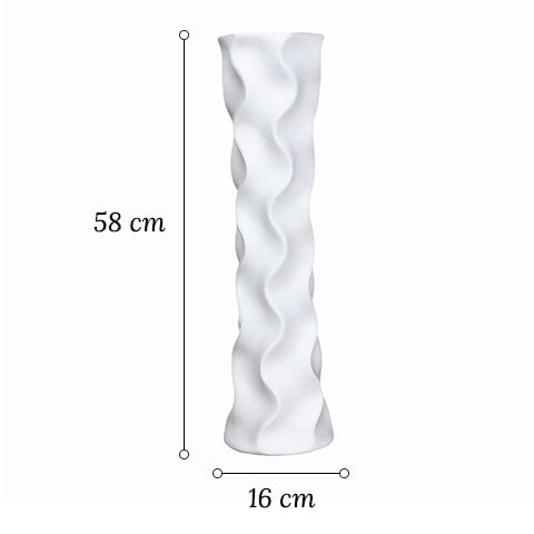 Grand vase décoratif vagues ondulées en céramique dimensions sur fond blanc.