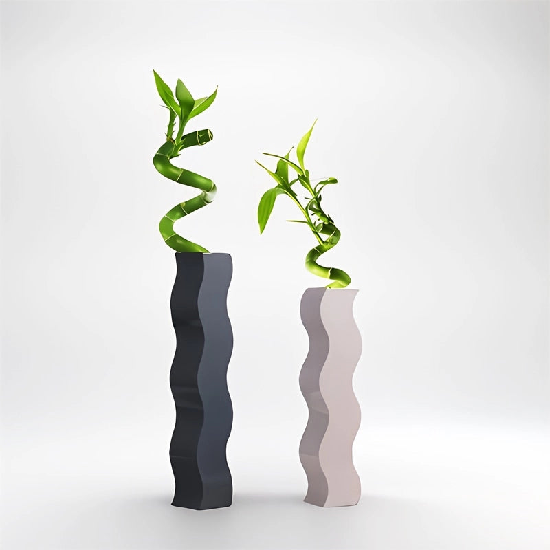 Grand Vase Ondulé Original présentation des modèles Gris et Rose en Céramique avec Bambou