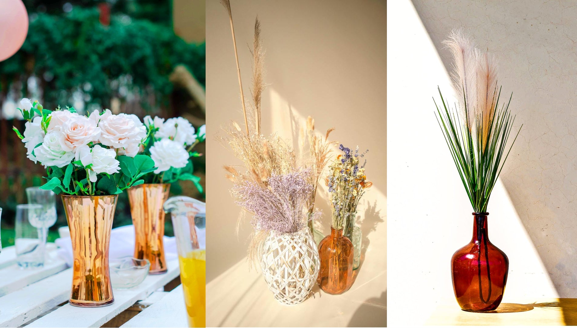 Présentation de plusieurs types de vases différents éclairés par le soleil avec fleurs fraîches et fleurs séchées.