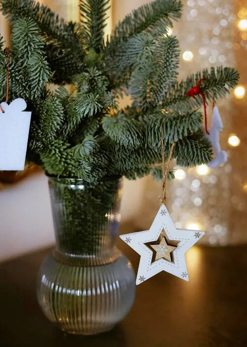 Présentation d'un vase avec ornements de Noël.