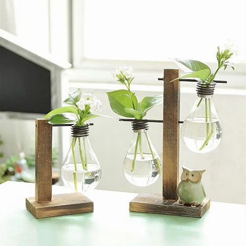 Soliflore ampoule avec support socle en bois, présentation et mise en scène sur une table des modèles Solo et Duo avec fleurs et ornements.