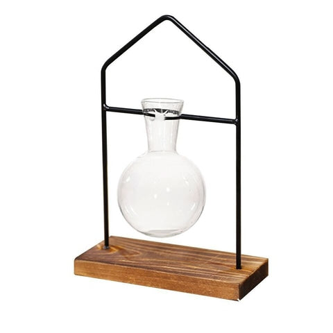 Soliflore boule suspendue encadrement maison en Verre, Fer et Bois modèle Solo.