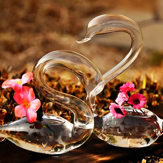 Soliflore Cygne Transparent en Verre présentation des modèles Mâle et Femelle avec fleurs