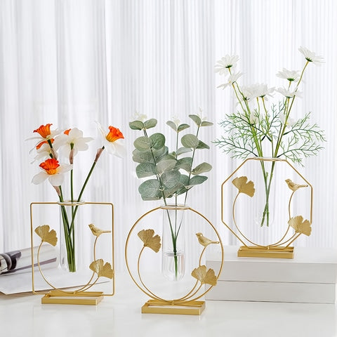 Soliflore gold oiseau et feuilles de Ginkgo, présentation de tous les modèles avec fleurs et tige d'eucalyptus.
