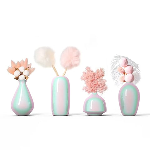 Soliflore moderne nacré en céramique présentation de tous les modèles avec petites fleurs sur fond blanc.