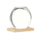 Soliflore Sphérique Transparent sur Socle en Bois, présentation du modèle beige sur fond blanc sans fleurs.