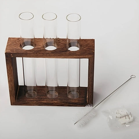 Soliflore Tubes Cadre Bois mural en Verre et Bois, présentation du modèle S Marron, trois tubes sans fleurs avec accessoires de nettoyage et d'accroches fournis.