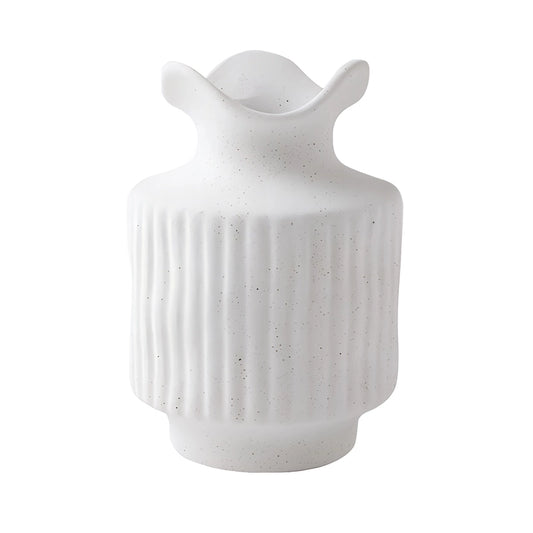 Vase Ancien à Col Dentelé Blanc Moucheté en Céramique 17cm.