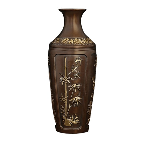 Vase ancien chinois marron motif bambou doré en Laiton.