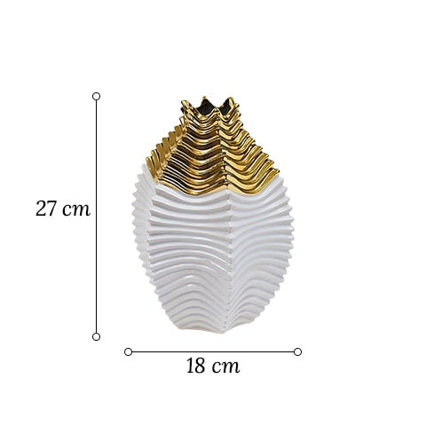 Vase artistique doré et blanc en céramique modèle B avec dimensions.