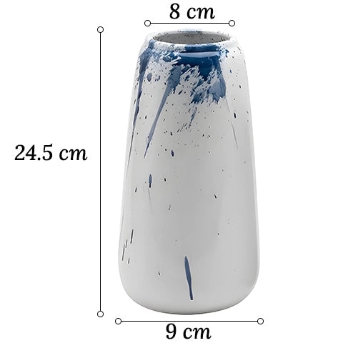 Vase Artistique Blanc et Encre Bleue en Céramique dimensions modèle L sur fond blanc.