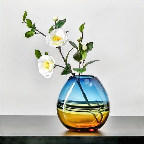 Vase bicolore orange et bleu en verre modèle S avec fleurs.