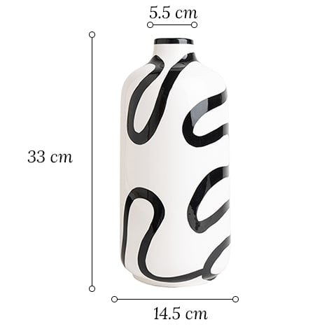 Vase blanc lignes abstraites noires design dimensions sur fond blanc.