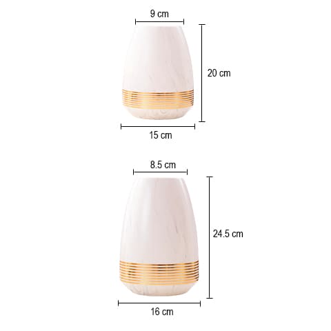 Vase blanc marbré cercles d'or dimensions modèles grand et petit.