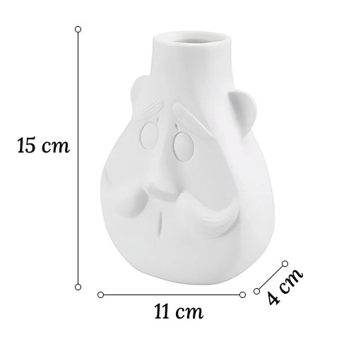 Vase Blanc Visage Monsieur Moustache en céramique dimensions sur fond blanc.