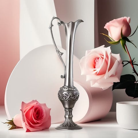 Vase carafe design rétro artisanal zinc mise en scène avec roses.