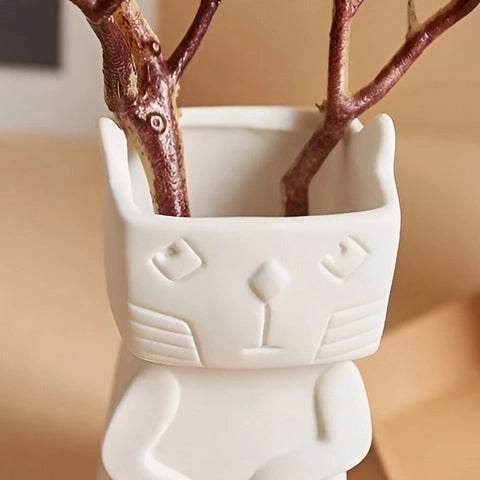 Vase Chat Blanc Design Créatif en Céramique détails visage.