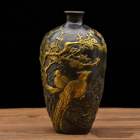 Paire De Vases Anciens En Bronze De Chine Signés - Objet D'art Populaire Rare