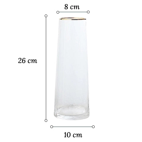 Vase conique chic opalisé col doré en verre dimensions du modèle A sur fond blanc