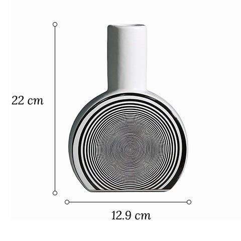 Vase créatif ligne géométrique effet hypnotique dimensions du modèle rond sur fond blanc.