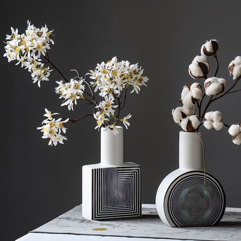 Vase Créatif Ligne Géométrique Effet Hypnotique en céramique présentation du modèle rond avec branche de coton.