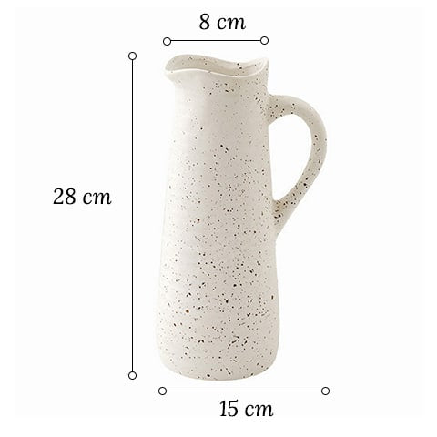 Vase cruche vintage blanc moucheté en céramique dimensions du modèle A sur fond blanc.