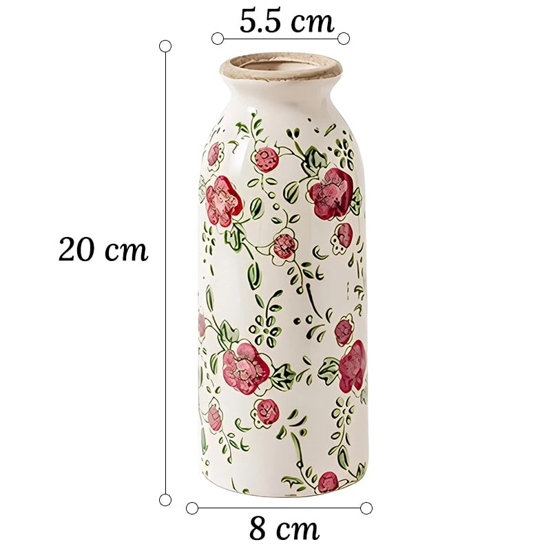 Vase Cylindrique Rétro Motif Fleurs rouges en céramique dimensions du modèle M 20cm sur fond blanc.