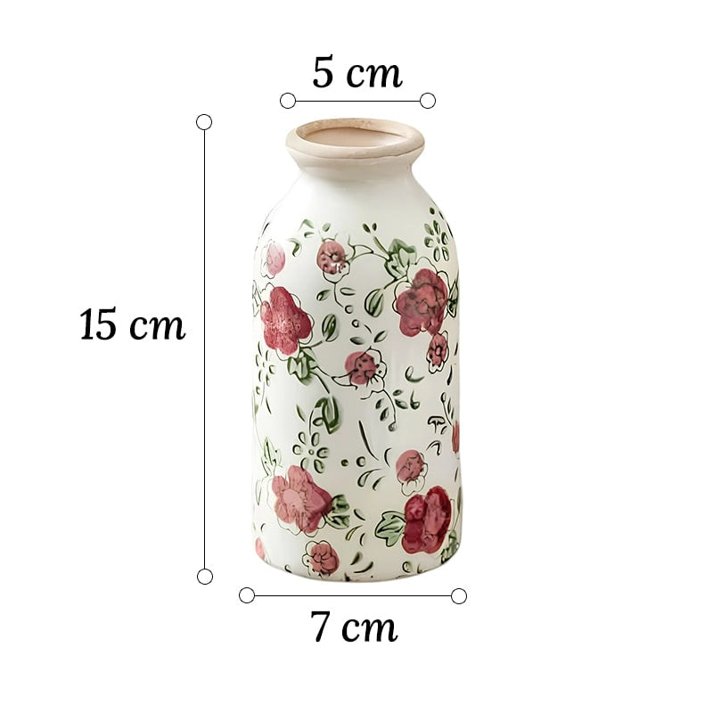 Vase Cylindrique Rétro Motif Fleurs rouges en céramique dimensions du modèle S 15cm sur fond blanc.