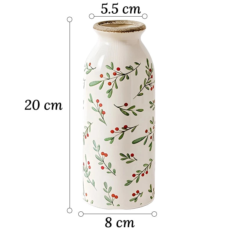 Vase Cylindrique Rétro Motif Tiges Florales en céramique dimensions du modèle M 20cm sur fond blanc.