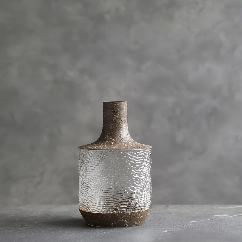 Vase Cylindrique Texturé Style Vintage en verre et céramique présentation du modèle C sans fleurs.