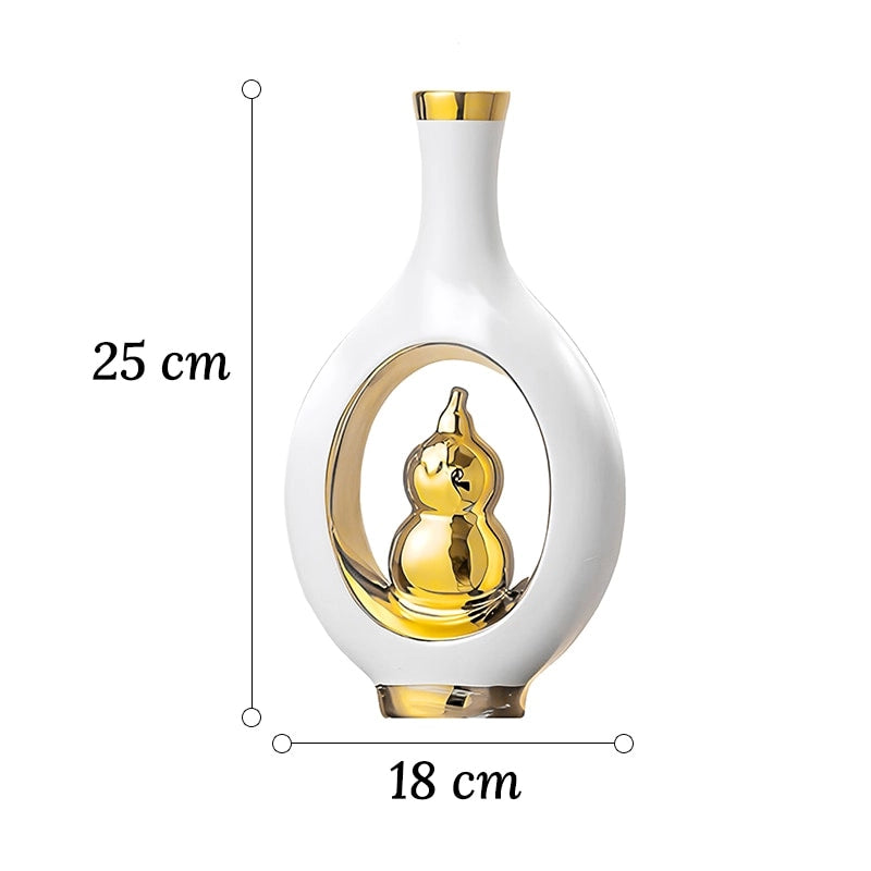 Vase de Luxe Contemporain Ikebana Blanc et Doré en Céramique, dimensions du modèle A 25cm sur fond blanc.