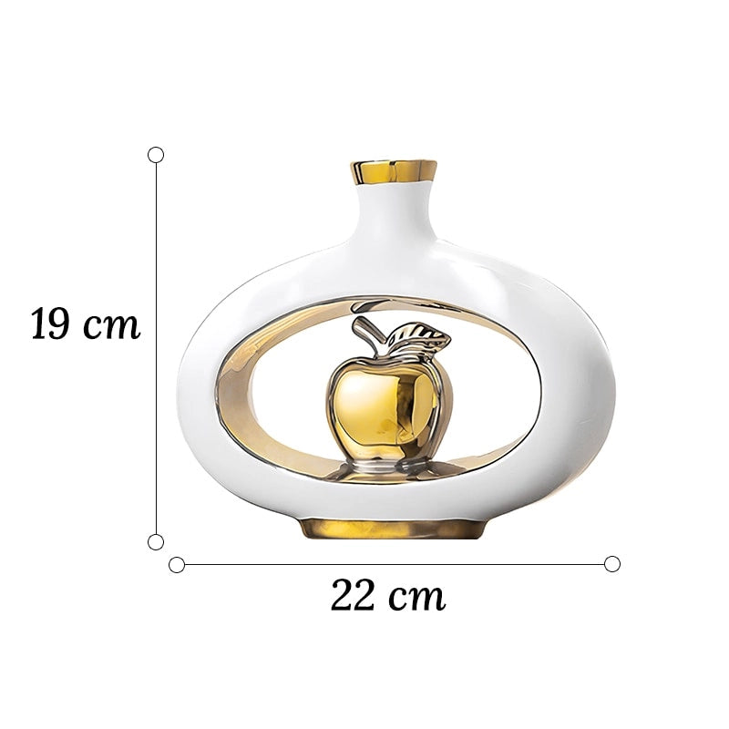 Vase de Luxe Contemporain Ikebana Blanc et Doré en Céramique, dimensions du modèle B 19cm sur fond blanc.