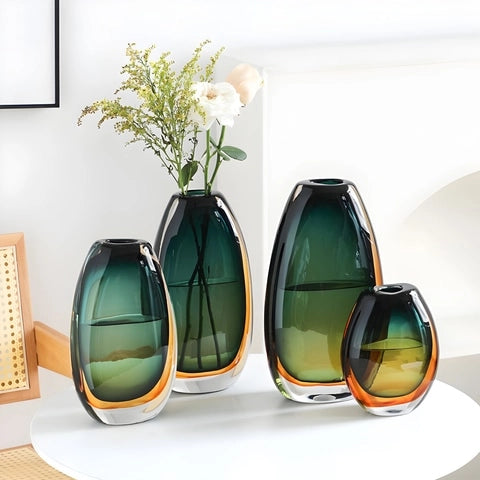 Vase de Luxe en Verre Soufflé Bicolore en Verre présentation de tous les modèles, M avec fleurs.