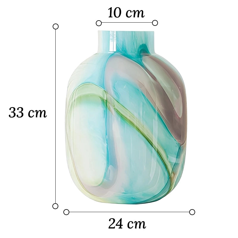 Vase Décoratif Effet Marbré Vert et Bleu en verre dimensions du modèle L 33cm sur fond blanc.