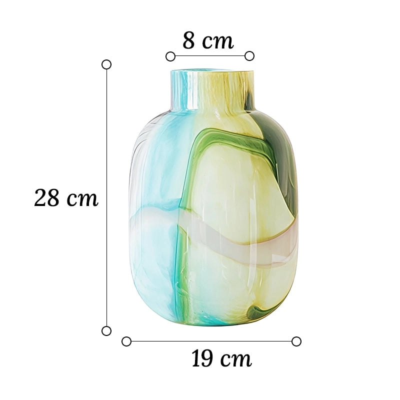 Vase Décoratif Effet Marbré Vert et Bleu en verre dimensions du modèle M 28cm sur fond blanc.