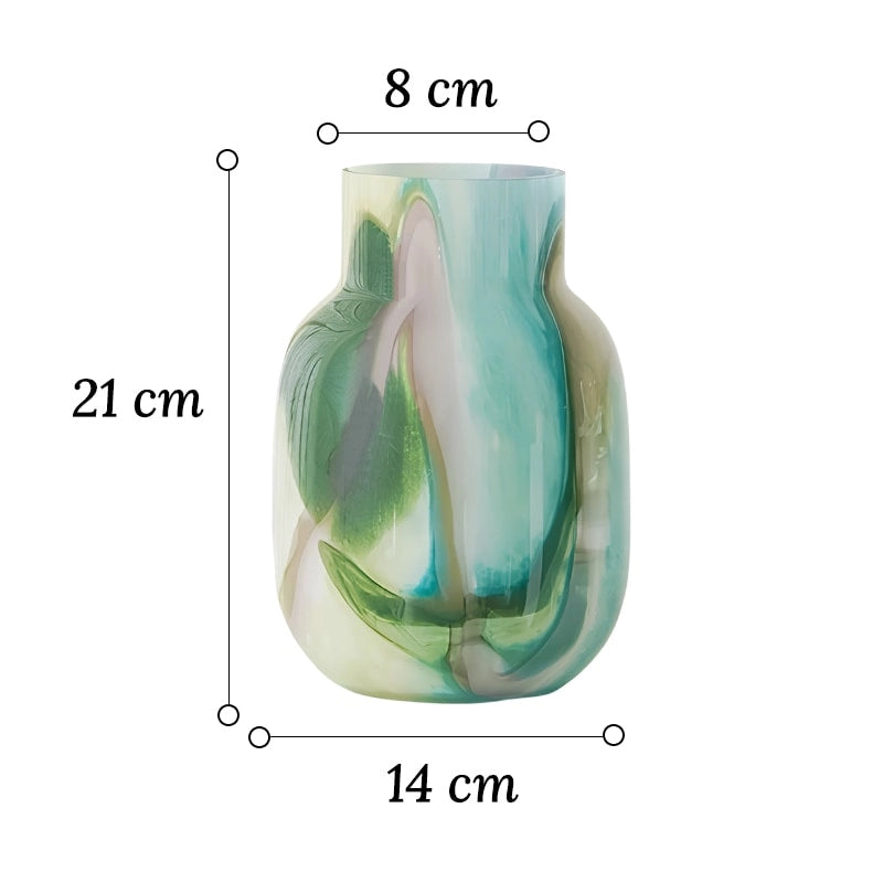 Vase Décoratif Effet Marbré Vert et Bleu en verre dimensions du modèle S 21cm sur fond blanc.