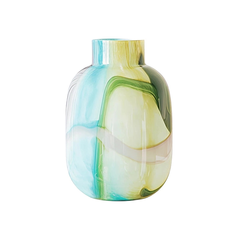 Vase Décoratif Effet Marbré Vert et Bleu en verre modèle M sans fleurs sur fond blanc.