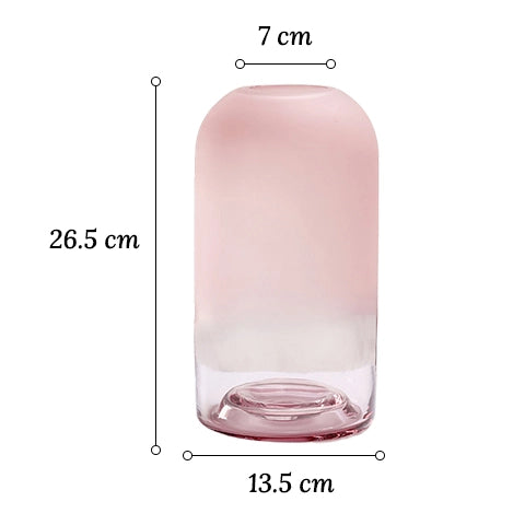 Vase dôme rose décoratif en verre dimensions sur fond blanc.