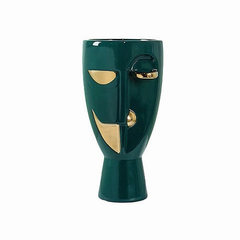 Vase en forme de visage style nordique modèle Vert doré sur fond blanc.