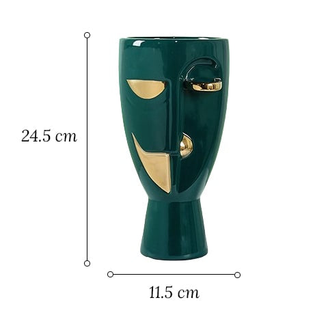 Vase en forme de visage style nordique modèle Vert doré avec dimensions sur fond blanc.