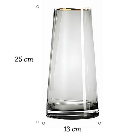 Vase en verre décoratif liseré doré dimensions taille 25cm sur fond blanc.