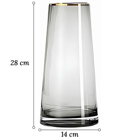 Vase en verre décoratif liseré doré dimensions taille 28cm sur fond blanc.