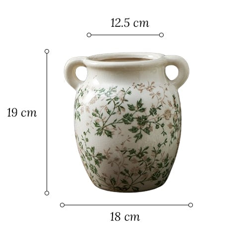 Vase d'époque motif feuillages verts en céramique modèle C avec dimensions.