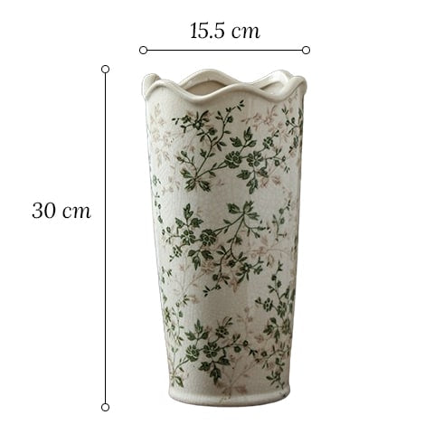 Vase d'époque motif feuillages verts en céramique modèle D avec dimensions.