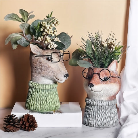 Vase original fantaisiste réaliste animal en Résine présentation des modèles Biche et Renard avec des fleurs
