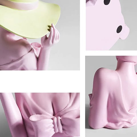 Vase Femme au chapeau détails, vu de près du chapeau, du dessous du vase, du décolleté avec nœud papillon et du dos.
