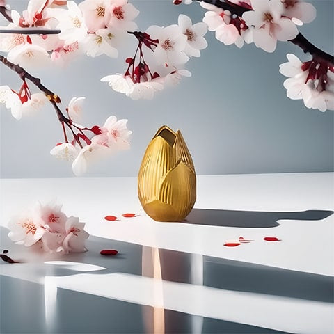 Vase Fleur de Lotus Couleur Or en céramique présentation sur une table blanche avec branche de cerisier à côté.