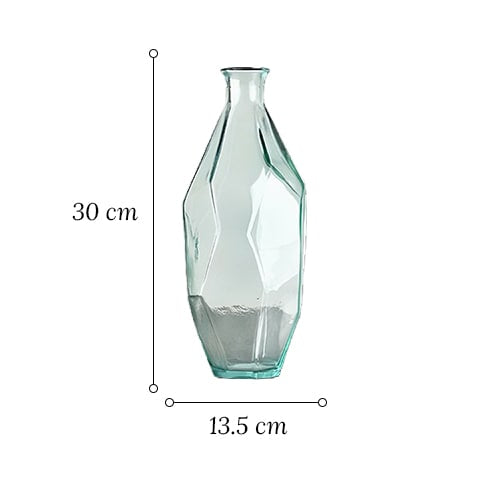 Vase géométrique polygonale transparent en verre dimensions du modèle Haut sur fond blanc.