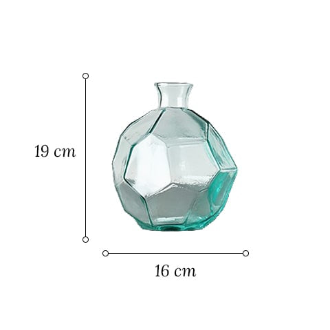 Vase géométrique polygonale transparent en verre dimensions du modèle Rond sur fond blanc.